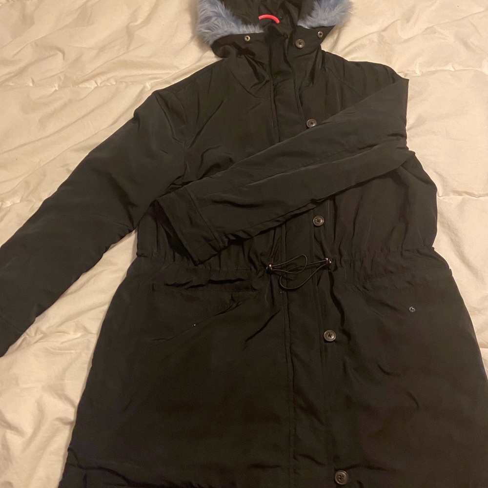 Black winter coat with fuzzy blue hood